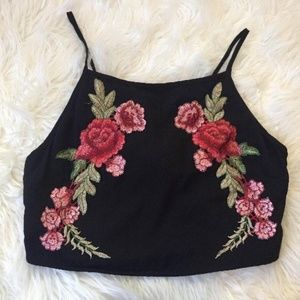 $14| Rose Embroided Black Crop Top *BRAND NEW